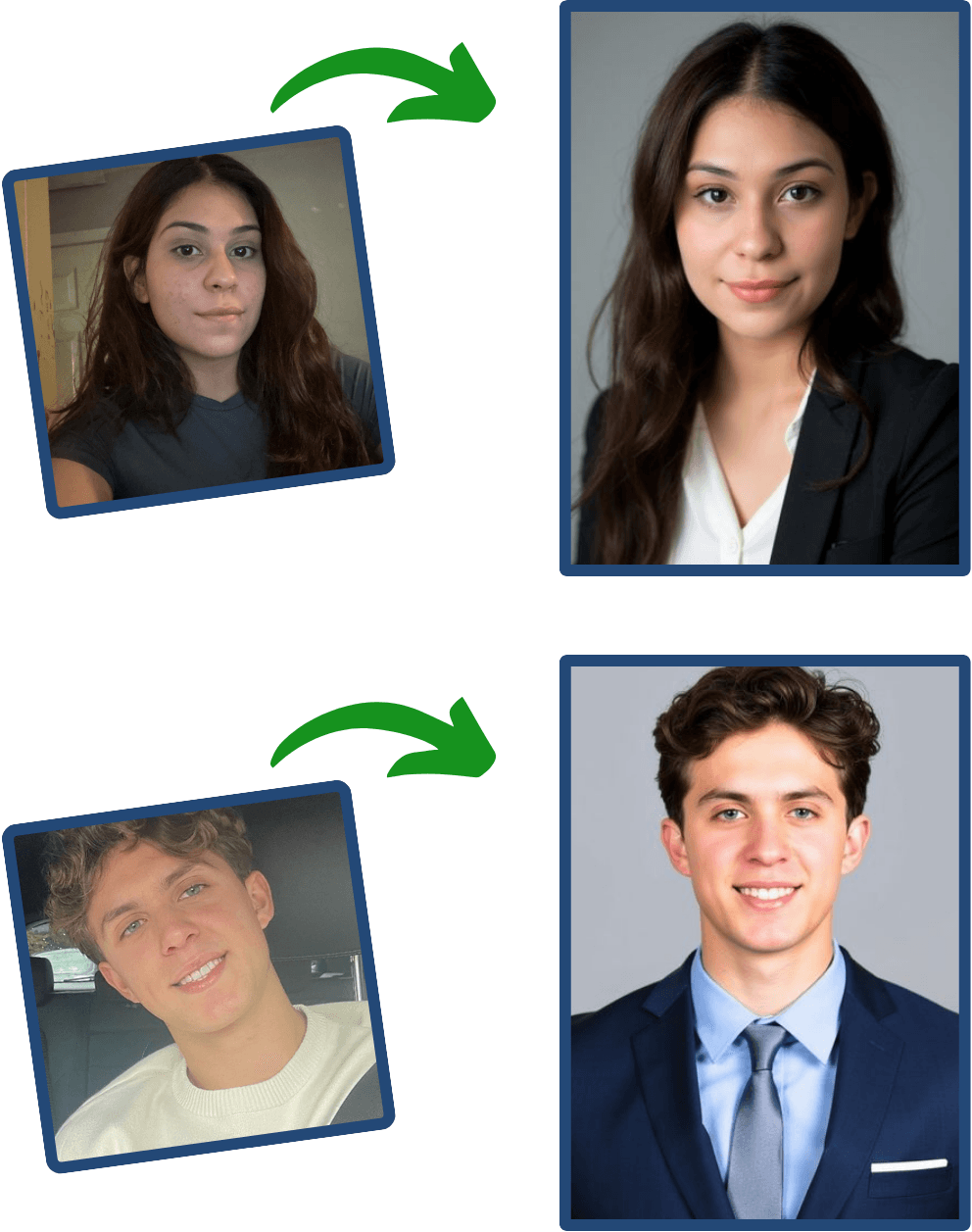 Two source photos beside professional AI-generated residency headshots