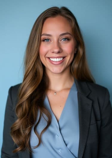 Professional headshot of a woman smiling in a blue blouse and blazer, ERAS photo example